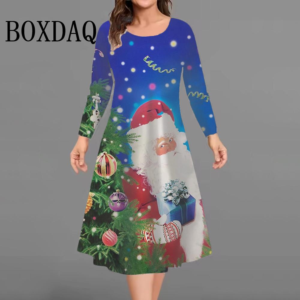 Women Dresses Fashion Christmas Snowflake Printed Party Dress Casual Long Sleeve Autumn Winter Plus Size Loose A-Line Dress