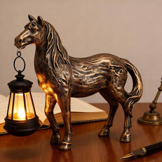 Yousheng Solar Garten Pferd Figur Harz Pferd Skulptur mit Solarlaterne Desktop Retro Pferdestatue für Bauernhaus Zuhause Innen Außen Dekor