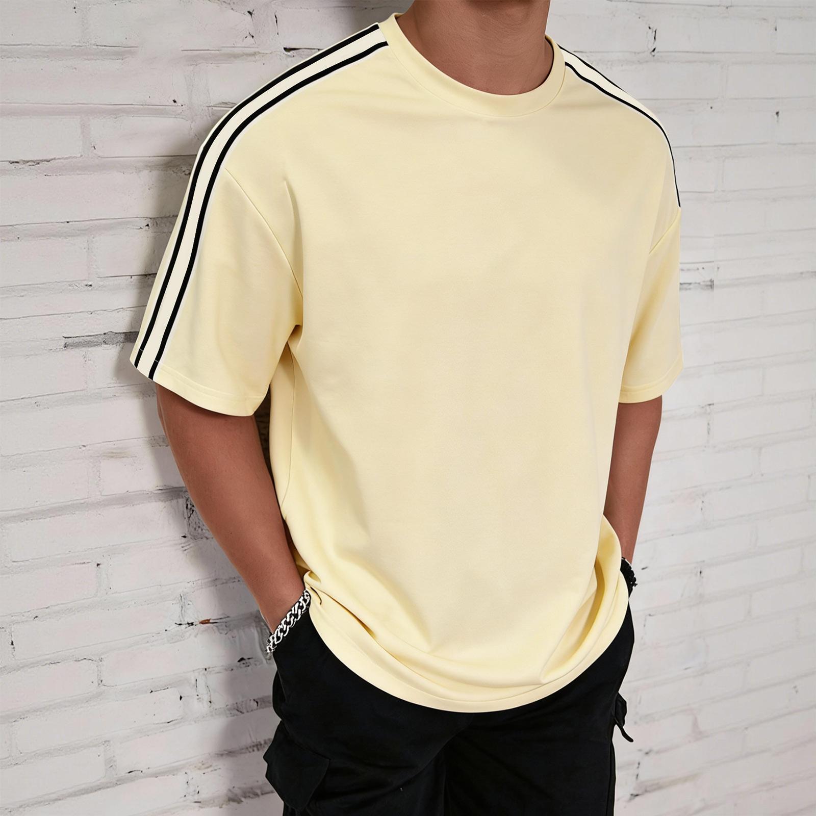 

Men s Round Neck Striped Short Sleeved Casual And Comfortable T-shirt L бежевый