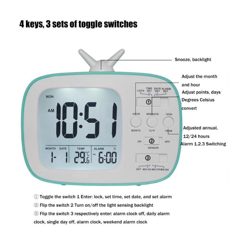 TV Shape Digital Display Alarm Clock With Thermometer and Calendar for Student Bedroom