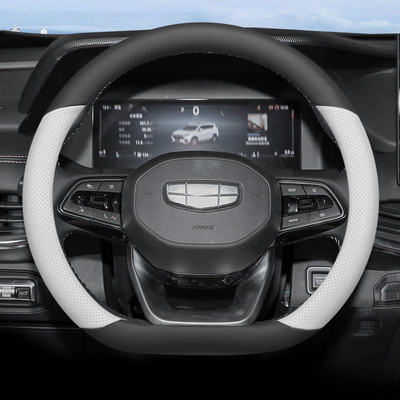 Genuine Leather Steering Wheel Cover for 24 Geely Models: Haoyue L, Xingyue L, Zhiqing, Xingrui, Binrui, Binyue - Green