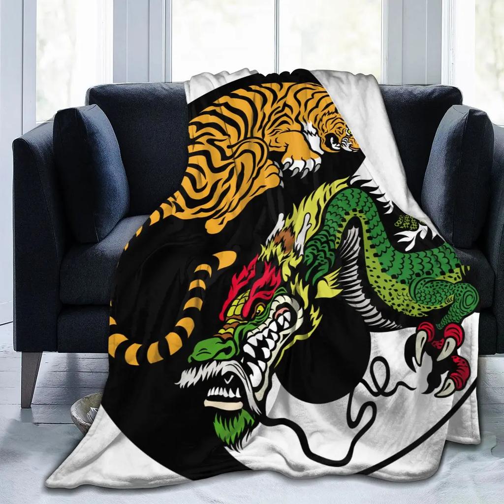 Dragon Tiger Print Soft Warm Throw Blanket Cartoon Animals Pattern Lightweight Flannel Bed Blanket Boy Teenagers Adults Blankets