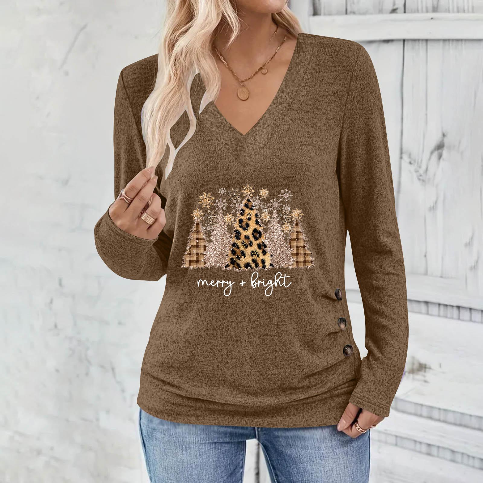 Women s V-neck Elegant Christmas Tree Letter Print Gathered Button Long-sleeved T-shirt L