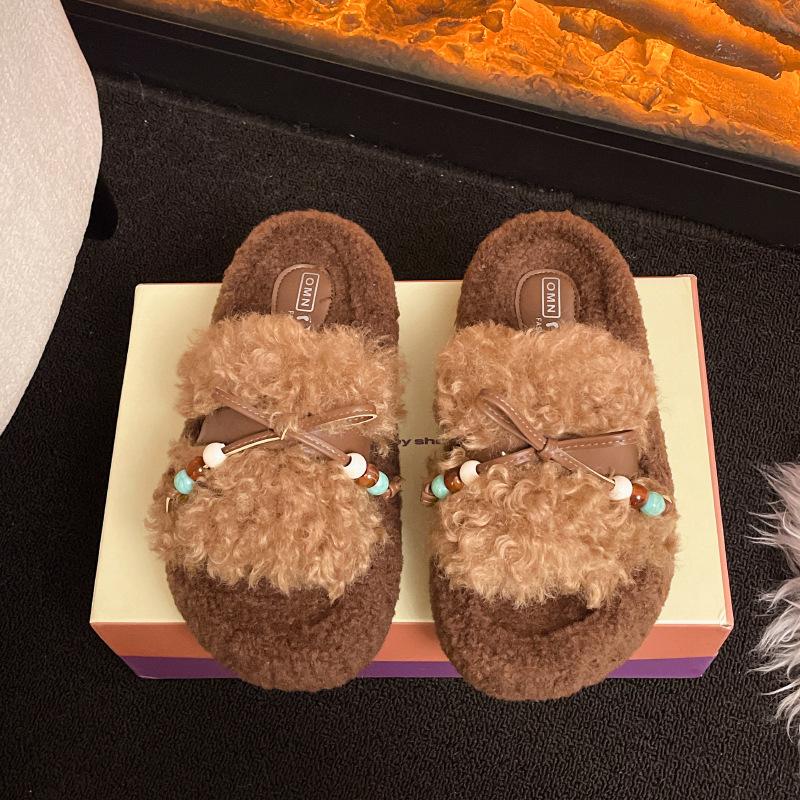 

2025 Winter Woman Slippers Plush Interior Anti Slip Sole Thick Bottom Fashion Warm Flip-flops Use Indoor Outdoor Pantuflas Mujer 41 хакі