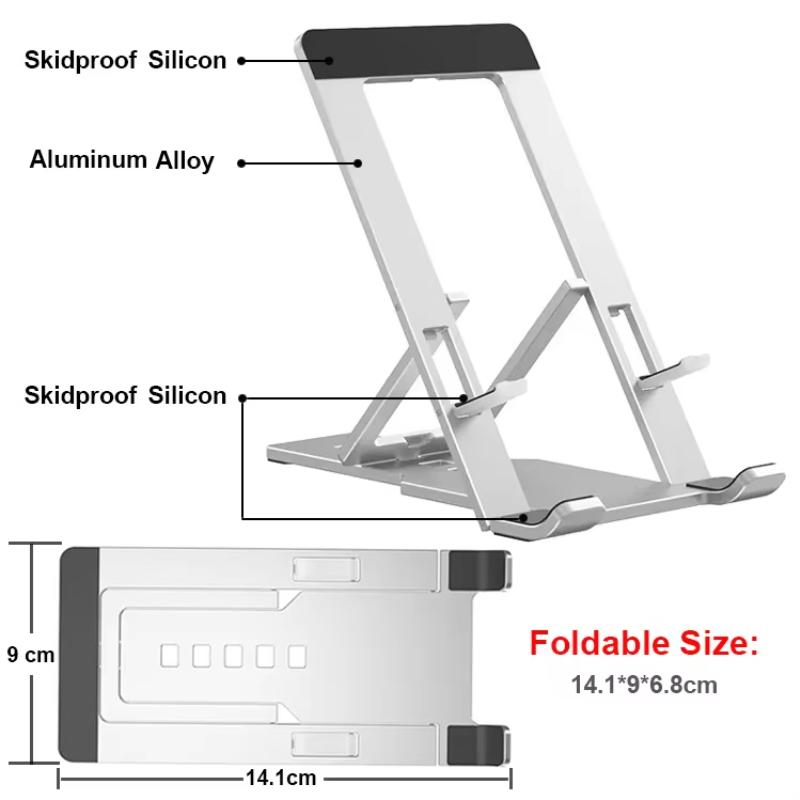 Aluminum Mobile Phone Holder Folding Bracket for Large Phones Tablets Triangular Non-Slip Silicone Pads Foldable Phone Stand