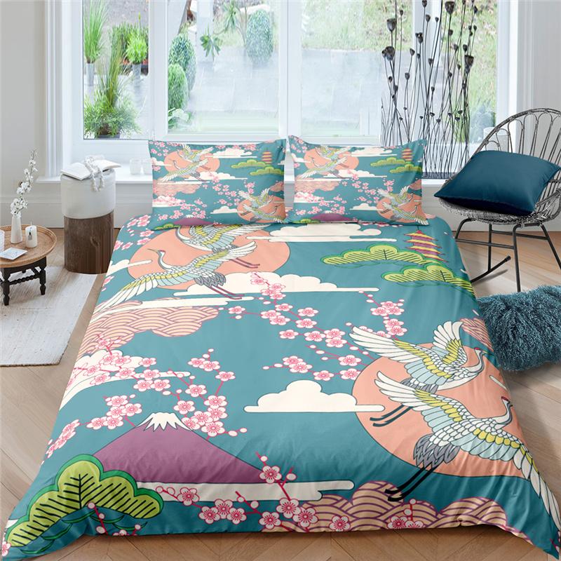 Japanese Crane Duvet Cover King Queen Size Wave Flower Ukiyo-E Style Bedding Set Eastern Culture 2/3Pcs Polyester Quilt Cover