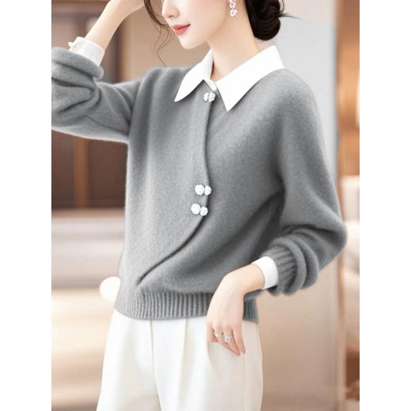 2025 Stylish Chinese-Style Gray Sweater: Women's Thick, Warm Winter Inner Layer with Faux Two-Piece Design