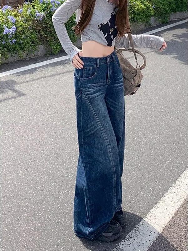 Cross-Border American Retro Washed Denim Wide-Leg Straight-Floor-Length Women's Pants