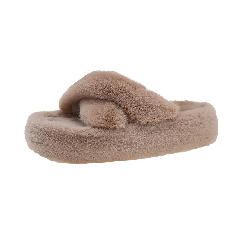 Cross-strapped fluffy slippers for women to wear outside autumn and winter new thick-soled heightened plush cotton slippers