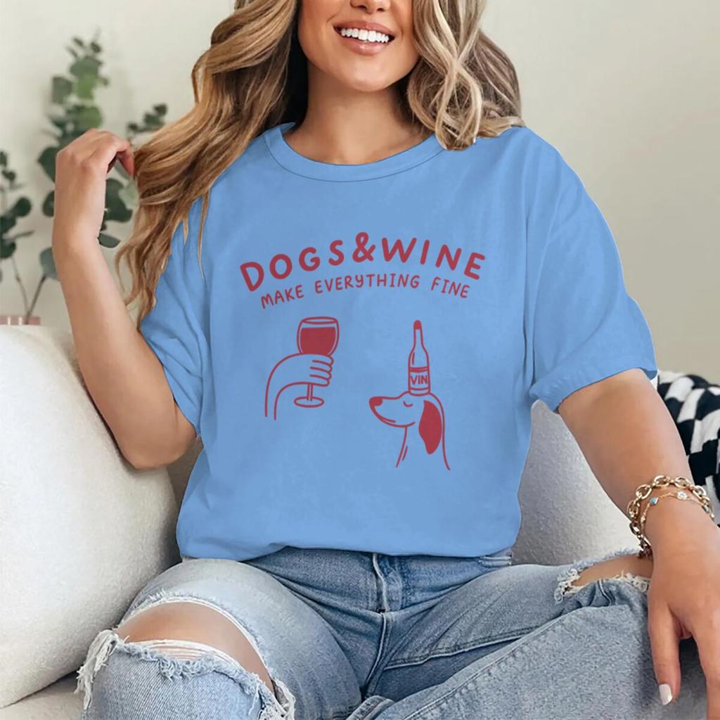 Hunde Und Wein Machen Alles Gut Lustige Vintage Grafik T-Shirts Tier Shirt Mode Hundemama T-Shirts Geschenke Damen Y2K Oberteile