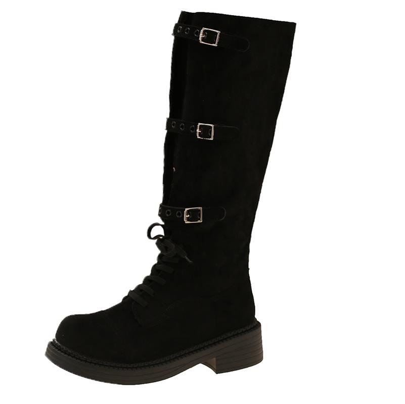 Boots Women 2025 Autumn New British Style Lace-up Belt Buckle Knight Boots Square Heel Frosted Western Cowboy Boots