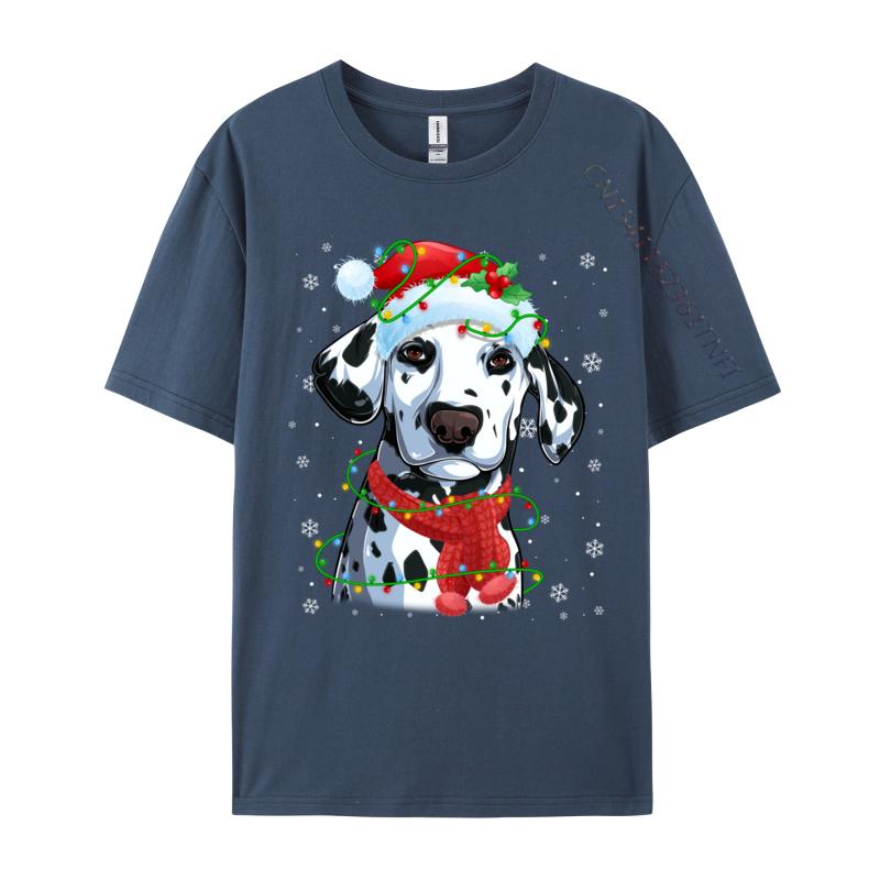 Christmas Lights Dalmatian Dog Santa Hat Scarf T-Shirts Dog Lovers T-Shirts Simple Style Top Quality Mens Tees