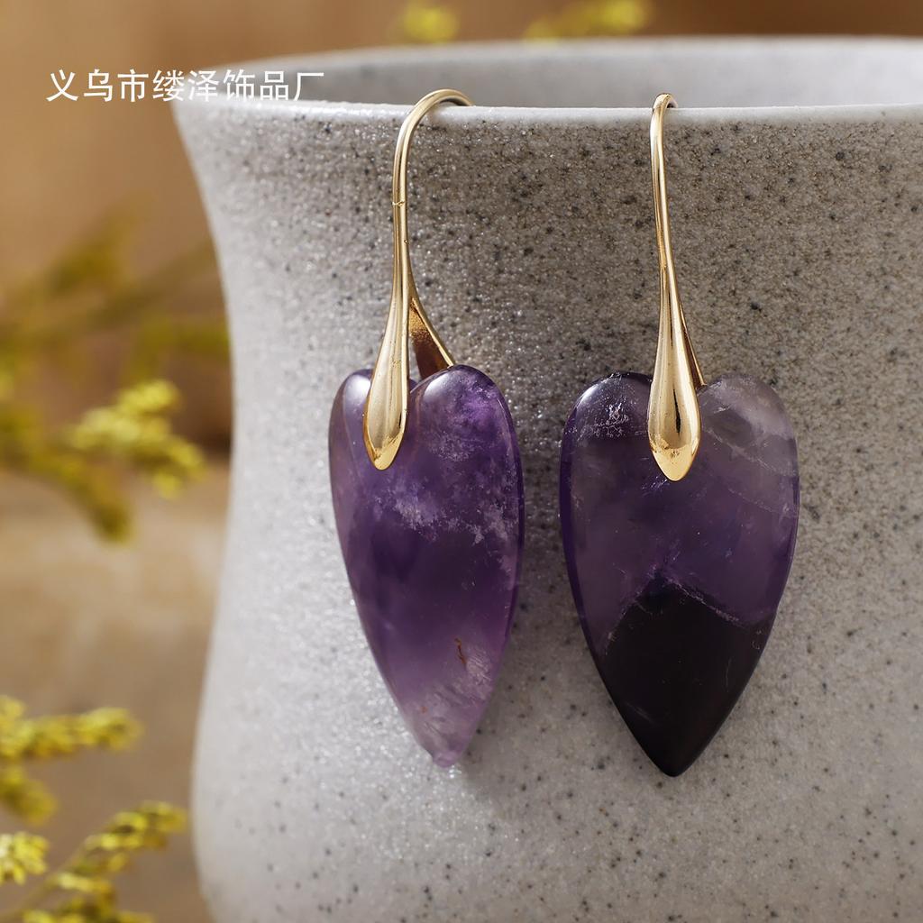 Luxury New Natural Stone Crystal Love Pendant Ear Hook Earrings European and American Simple Design Real Gold Plated Popular Jewelry