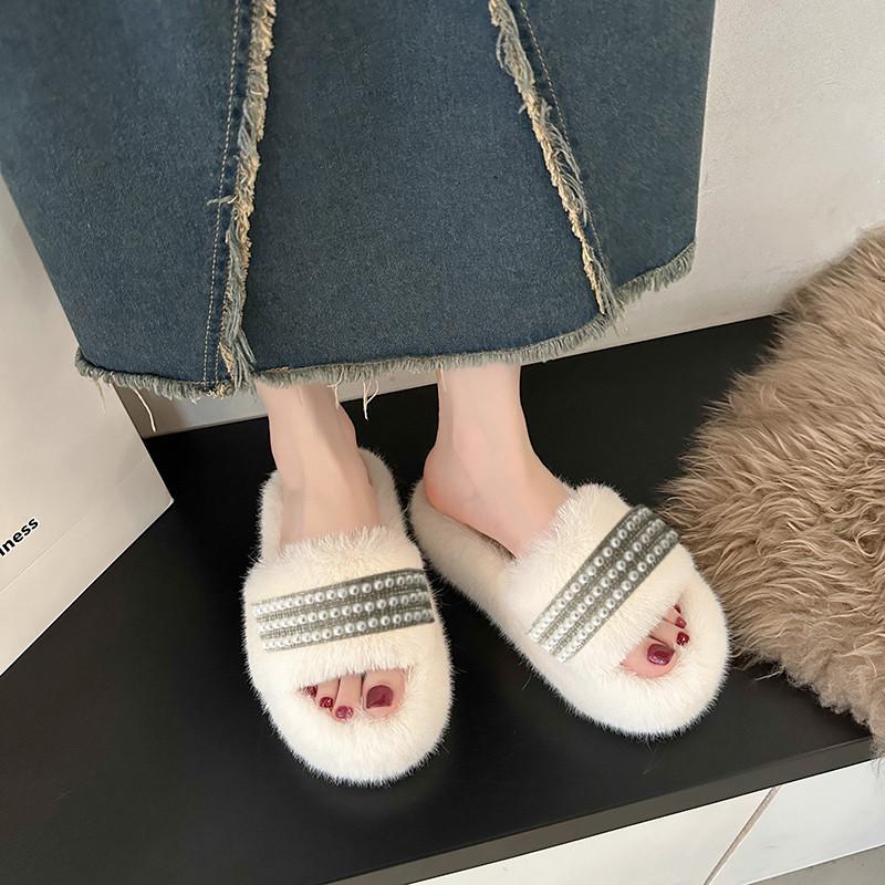 Thick bottom heightening Internet celebrity fluffy slippers women's autumn and winter outer wear ins home home non-slip pearl slippers spring and s