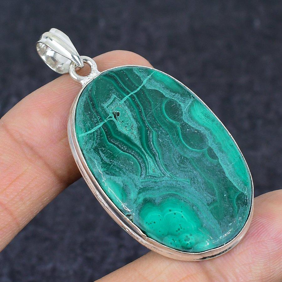 Malachite Gemstone Handmade 925 Sterling Silver Jewelry Pendant 2.21" D0T63