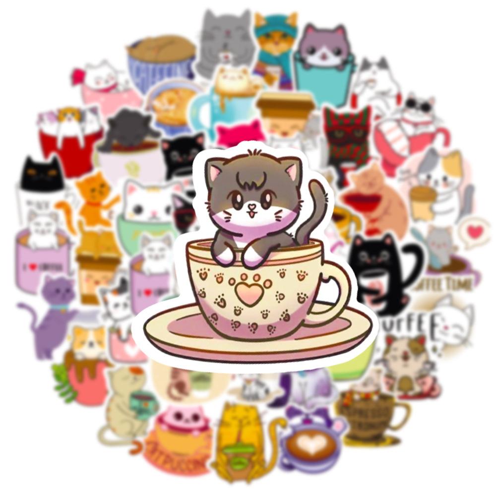 50 PCS Cartoon Hand-painted Cat Coffee Stickers Decals Laptop Mobile Phone Luggage Skateboard iPad Children's Toys Waterproof St