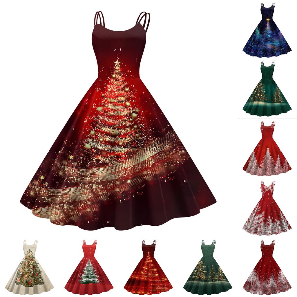 Women's Fashion Casual Christmas Print Sexy Off-the-shoulder Punk Retro Dress