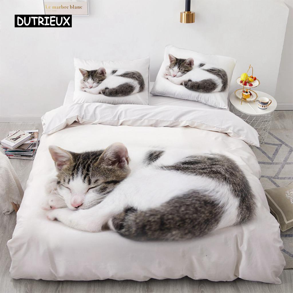 3D Bedding Sets Red Duvet Quilt Cover Set Comforter Bed Linen Pillowcase King Queen 210*210cm Size Pet Cat Design for Kids Girls