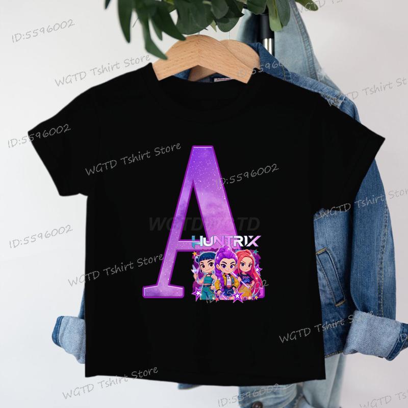 Clothes Child Girl KPop Demon Hunters Letters T-shirt for Children Cartoon Girls Boys Cotton Tee A-Z 26 Alphabet Kids Clothes