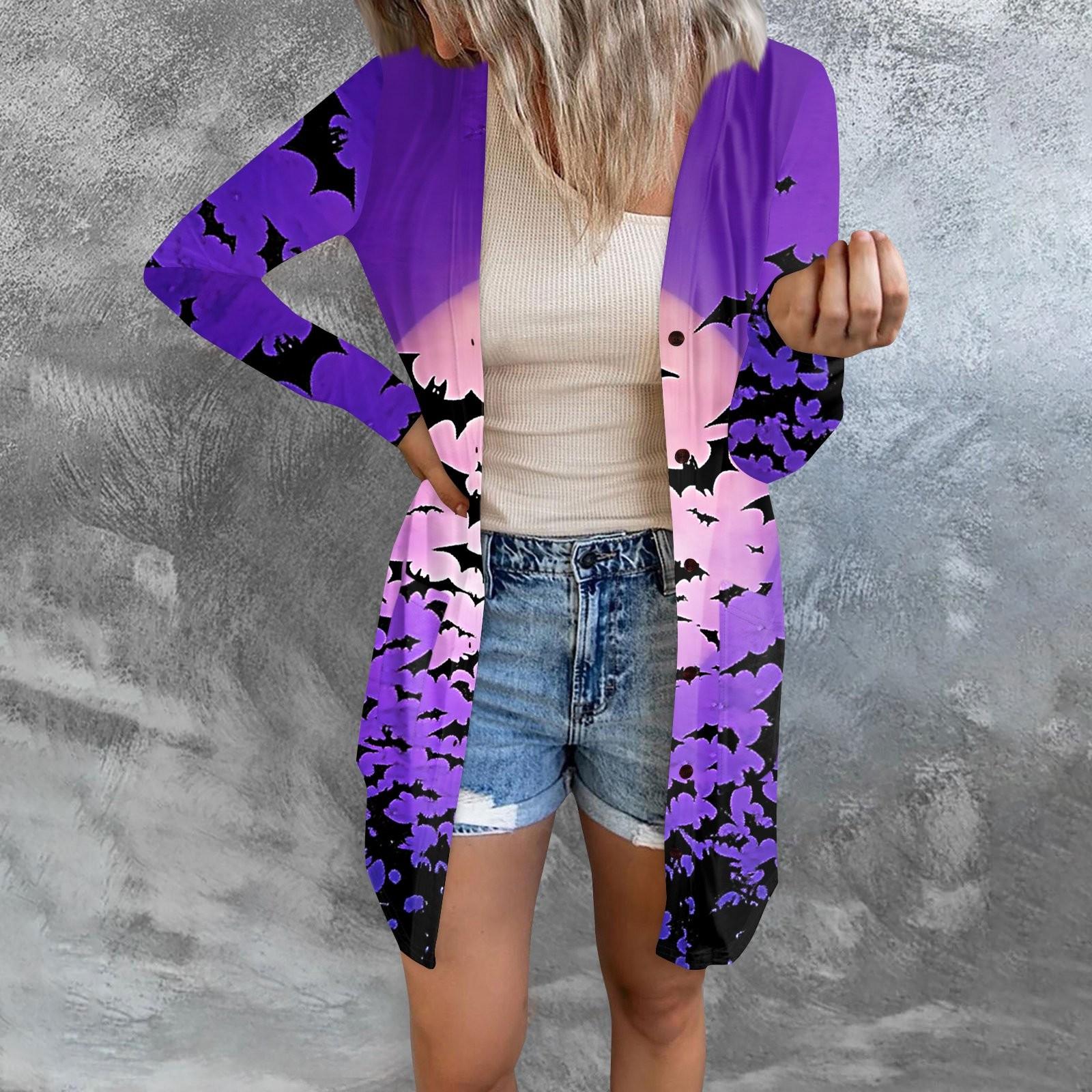 

Женский повседневный кардиган, топ с длинными рукавами и карманами с принтом на Хэллоуин L фиолетовый