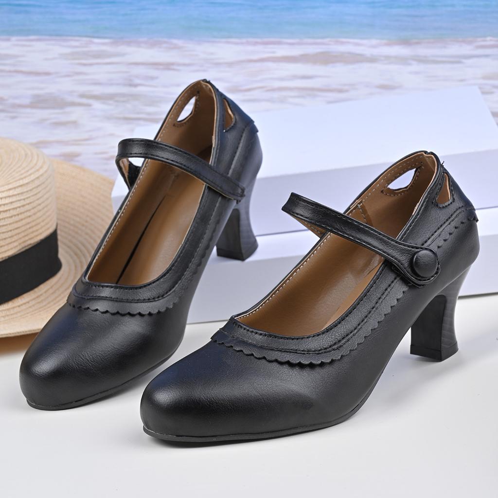 New women's retro Mary Jane high heels large size thick heel lace round head high heels single shoes