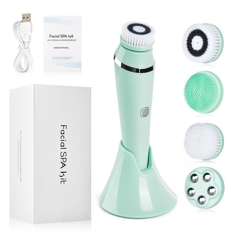 Waterproof 4 in 1 Electric Face Cleansing Brush Vibration Massage 360° Clean Facial Pore Skincare Tools Four Replacement Heads