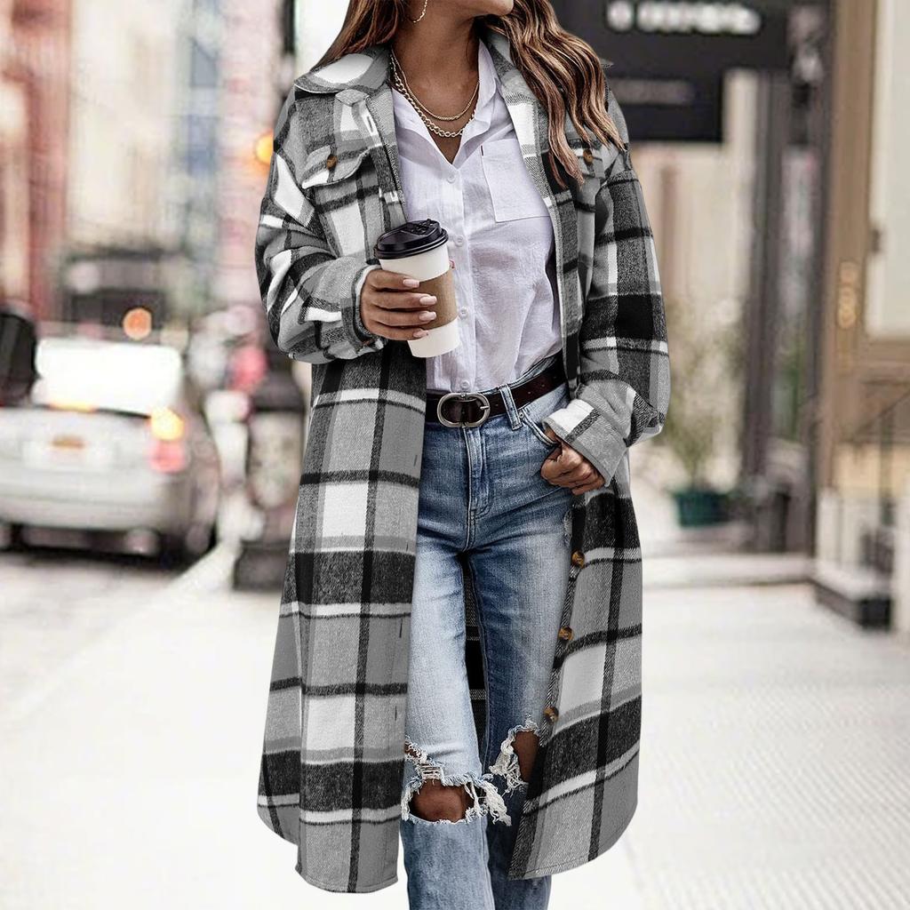 Women's Fashionable Oversized Long-Sleeve Collared Plaid Trench Coat With Patch Pockets