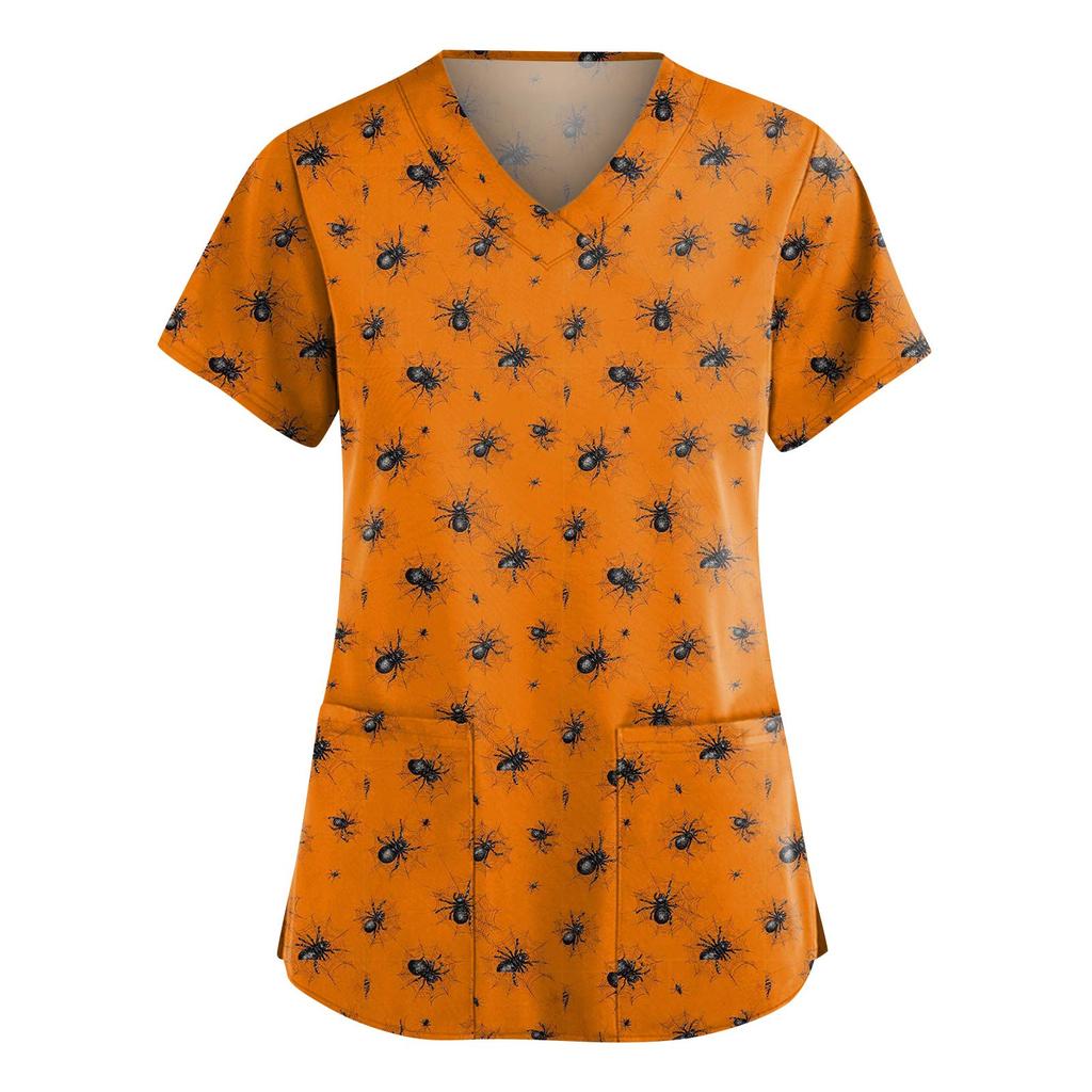 Tuta da donna alla moda con scollo a V, manica corta, con tasche, top stampati per Halloween, abbigliamento