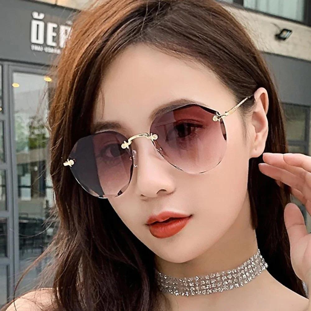 New Stylish Female Male Vintage Fashion Gradient Sun Glasses Round Cut Rimless Sunglasses Women Men Eyeglasses Gif Sunglass