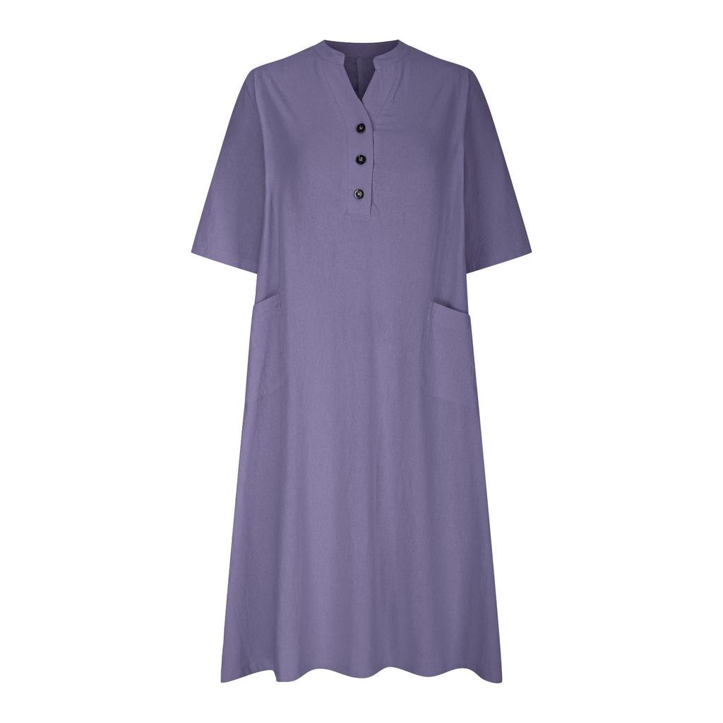 Women's Mid-Length V-Neck Cotton Linen Dress with Short Sleeves and Three-Button Pocket