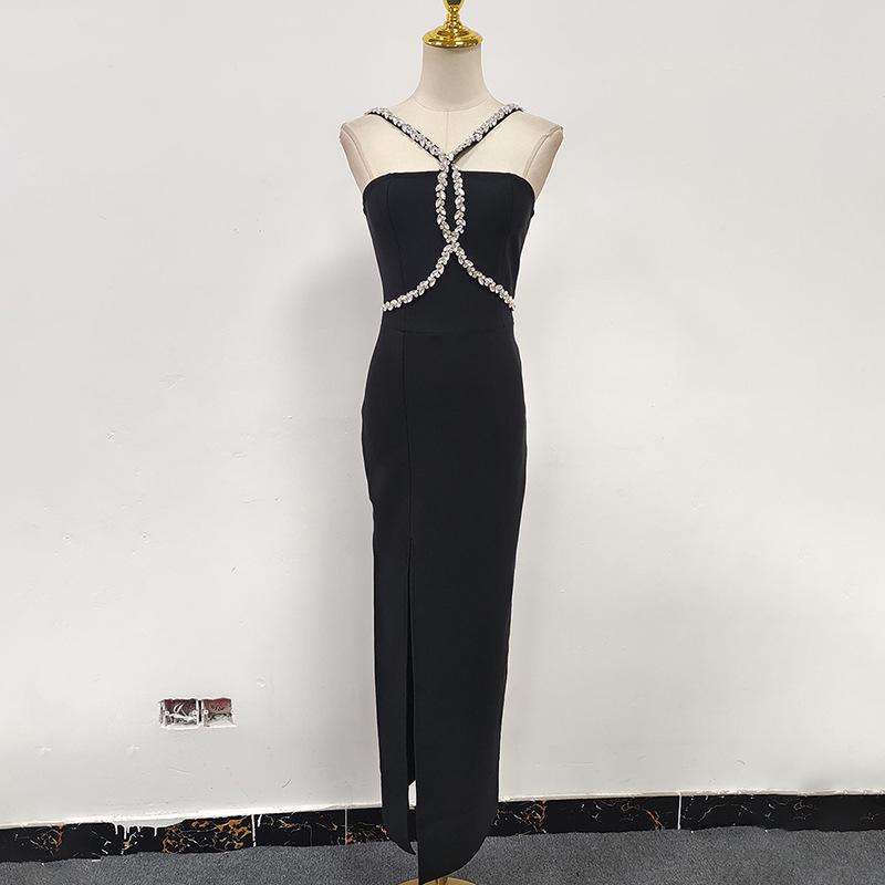 2026 Autumn European & American Glam Diamond Halterneck Slim-Fit Maxi Dress