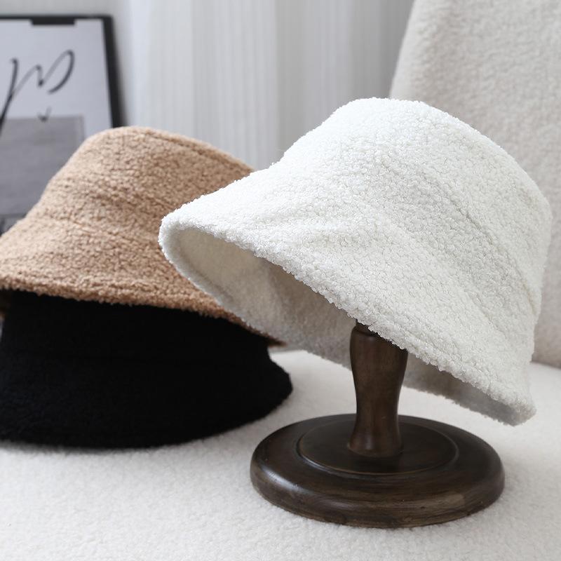 Solid color lamb wool bucket hat women's autumn and winter new simple warm and cold versatile wide brim casual ear protection bucket hat