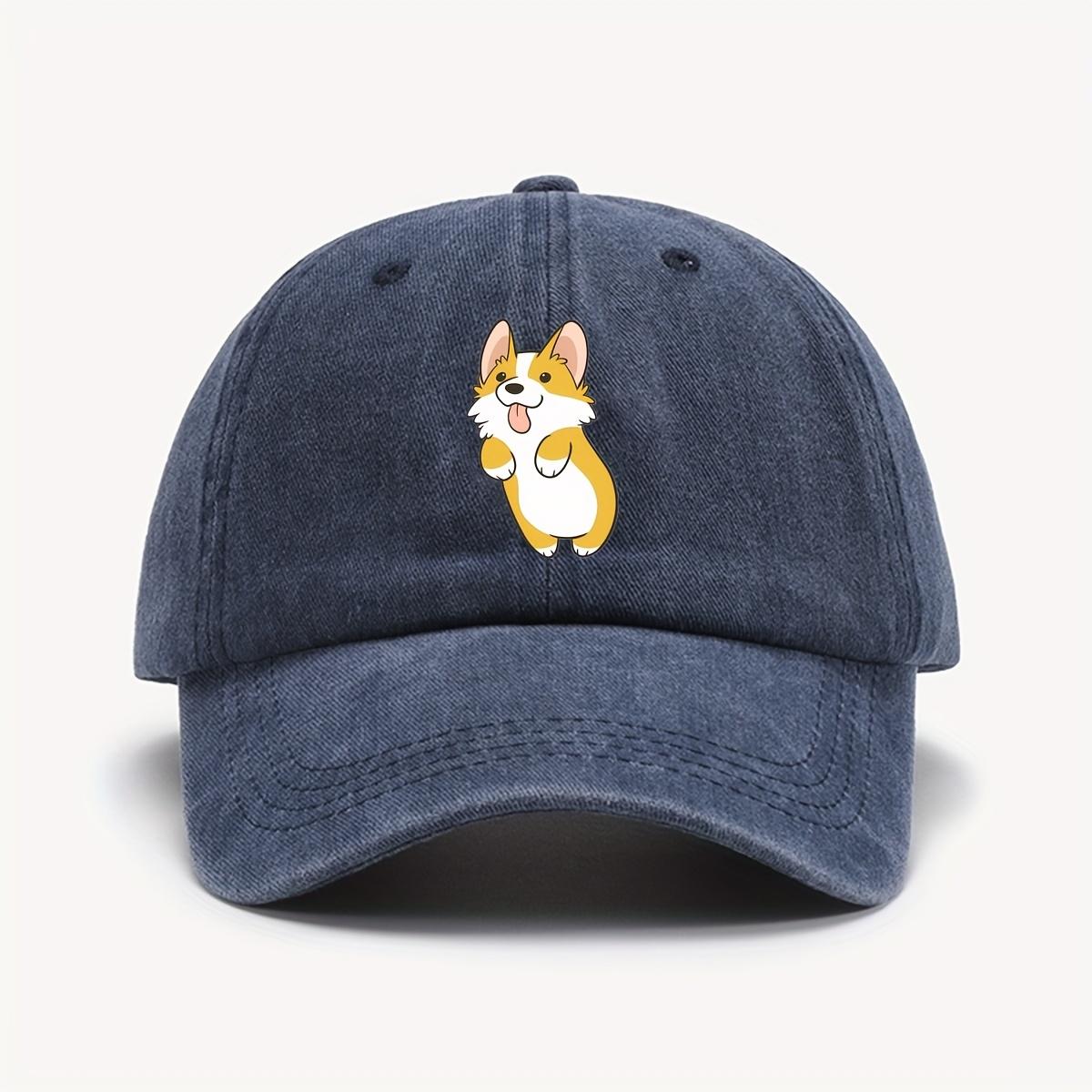 

Corgi Dog Face Cartoon Baseball Cap Unisex Washed Polyester Adjustable Outdoor Casual Hat One Size темно-синий