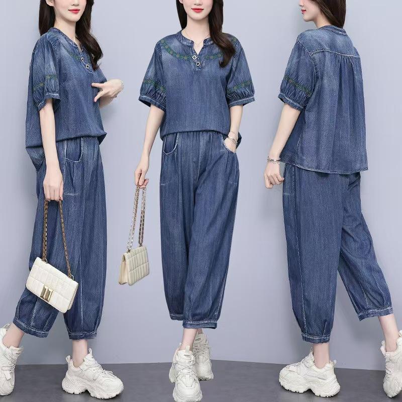 European station summer thin denim suit women's new fashion loose and thin foreign style age reduction two-piece set tide