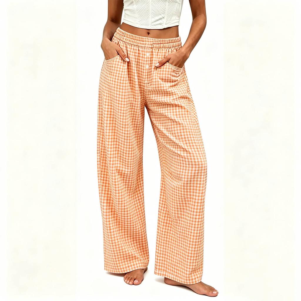 Women's Loose Fit Wide Leg Pants with Elastic Waist and Button Pockets Plaid Print Casual Trousers