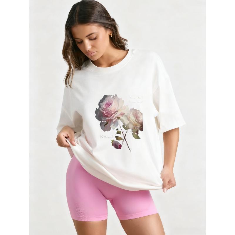 Oversized T Shirt Black Rose Floral Print With Inspirational Quote Casual Everyday Wear