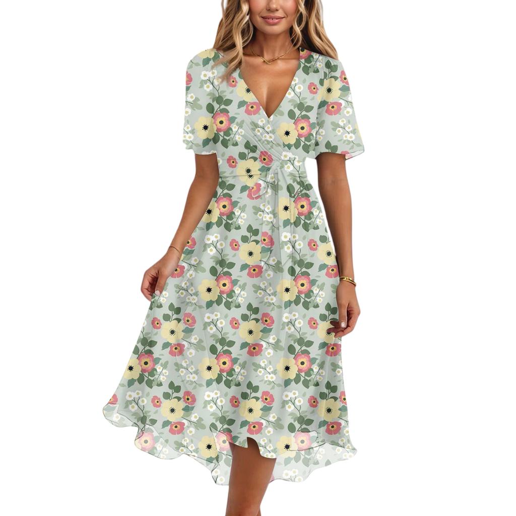 Dámské módní ležérní šaty s výstřihem do V, krátkým rukávem, volánky a vintage potiskem