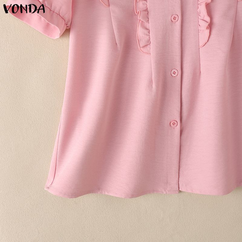 VONDA Women Casual O Neck Solid Color Summer Short Sleeve Blouse Tops