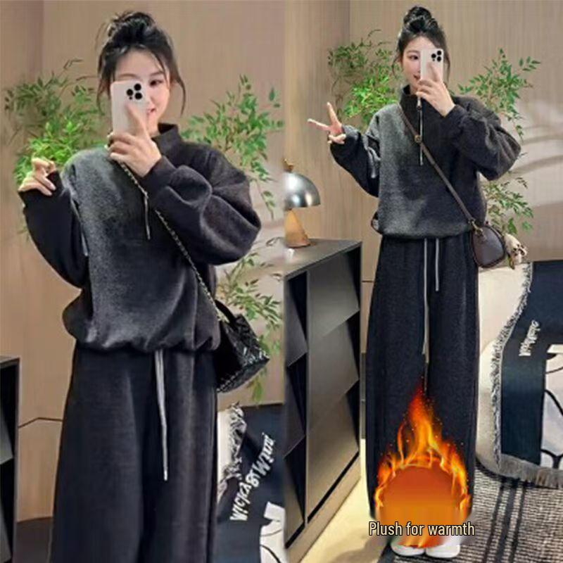 

Plus Size Winter Korean-Style Casual Sports Set: Velvet High-Collar Zipper Hoodie XL чорний
