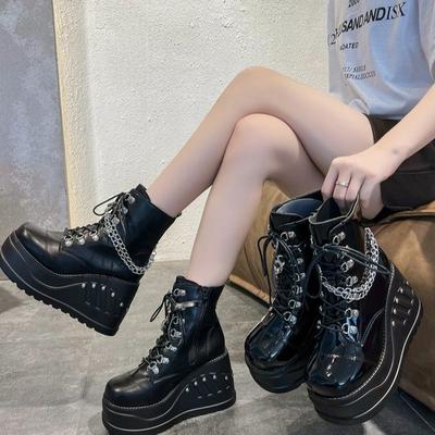 Fashion New Boots for Women Fashion Punk Goth Platform Heels Wedge Women's Boots Casual High Heels Chain Decoration Short Botines Mujer