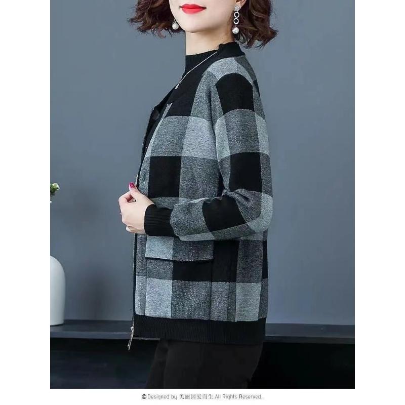 Cardigan Giacca con Zip Manica Lunga a Quadri Contrasto Top Moda Casual