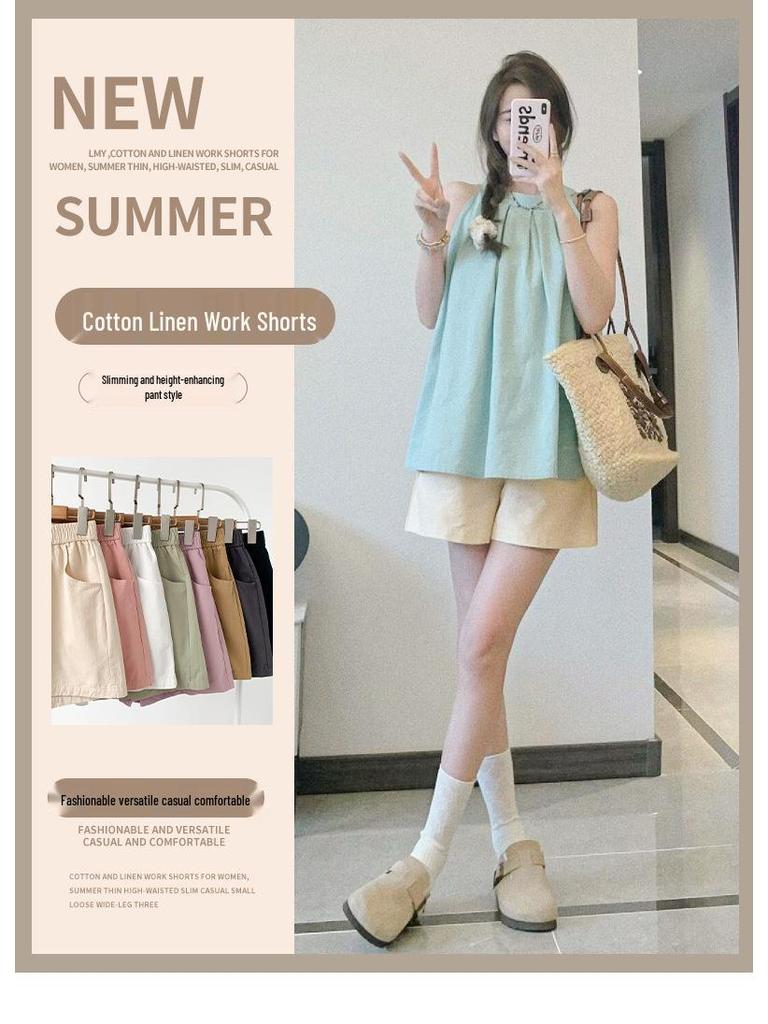 Women's Apricot High-Waist Cotton Linen Cargo Shorts - Summer 2025 Collection: Casual Wide-Leg Mid-Length Design