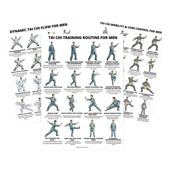 3Pcs Tai Chi Workout Posters Seated Tai Chi Routine Illustrations Gentle Exercise Instructions for Tai Chi Beginners Seniors A