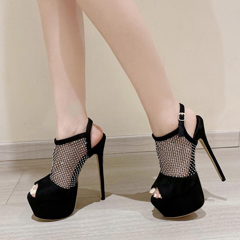 Runway Fashion Peep Toe 17CM Stiletto Shoes Women Sexy Crystal Rhinestone Mesh Ladies Platform High Heels Sandals Black