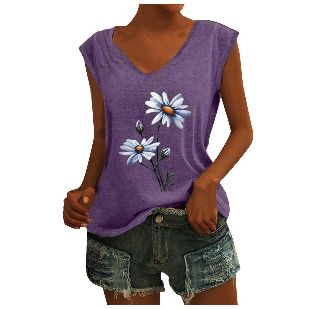 Women's V-Neck T-Shirt Casual Cap Sleeve Vest Print Loose Blouse Fit Tank Tops