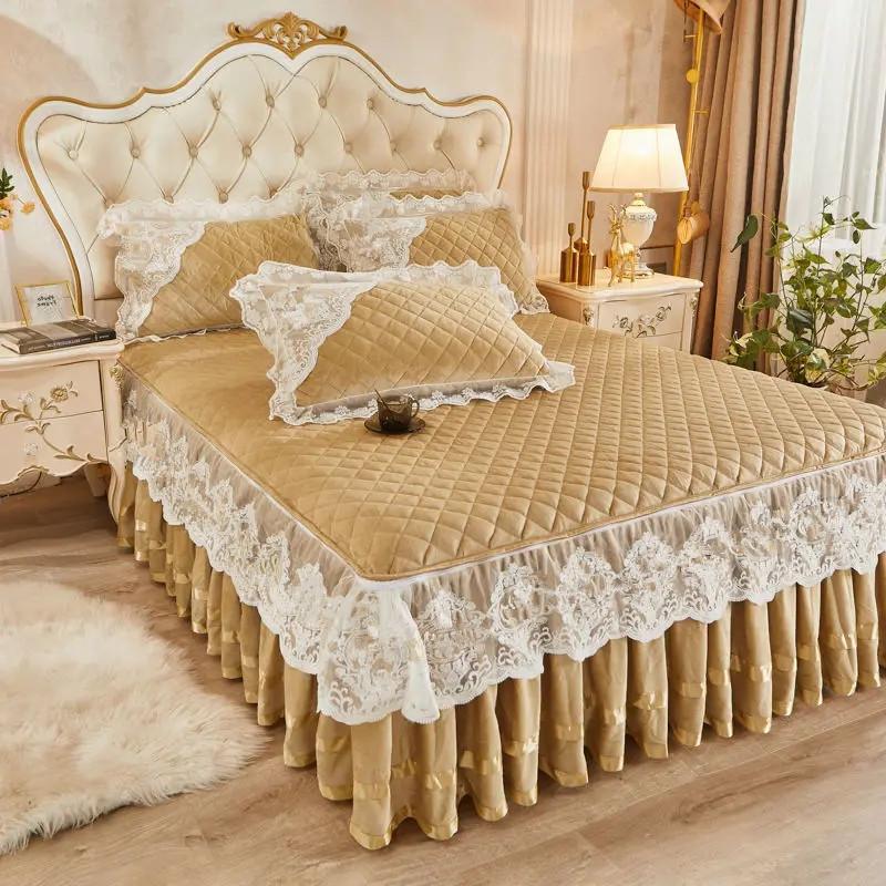 

Осенне-зимняя теплая флисовая юбка-кровать, цельная хлопковая подкладка, утолщенное покрывало на кровать, кружевное нескользящее покрывало в стиле принцессы 150x200cm
