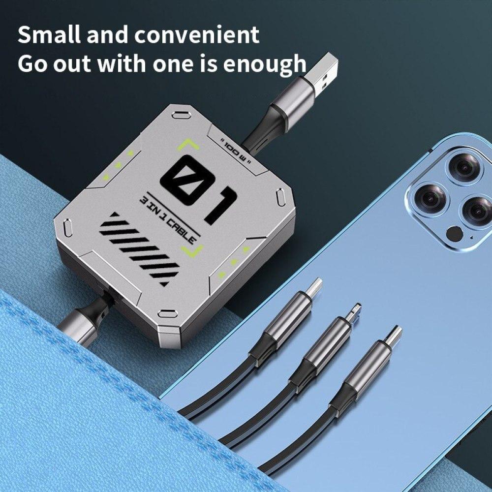 3 In 1 Multi Retractable USB Phone 60w Fast Charging and Data Cable for Lightning/Android/Type-C Devices