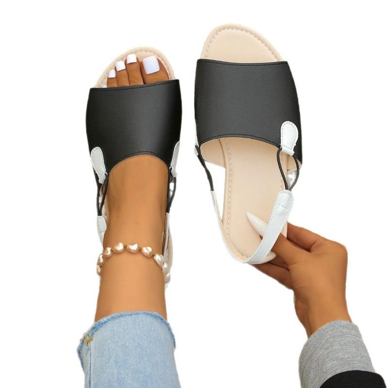 Women's Two-Tone Peep-Toe Slide Sandals - Backless Single Strap Casual Flats, Fashion Summer Mules