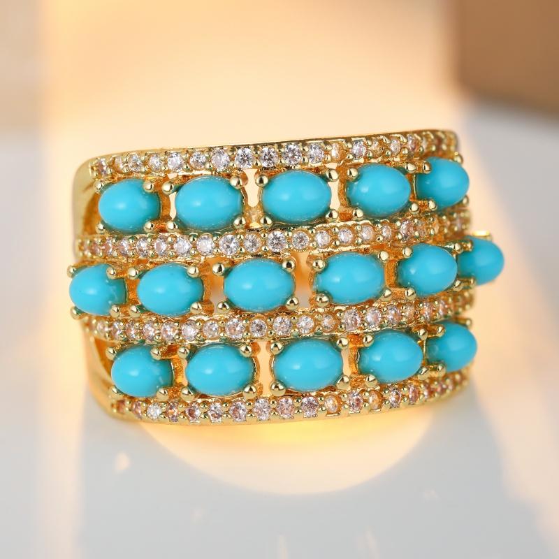 Dazzling Inlaid Imitation Turquoise White CZ Women's Ring Gold Color Geometry Daily Wear Party Jewelry Anniversary Gift