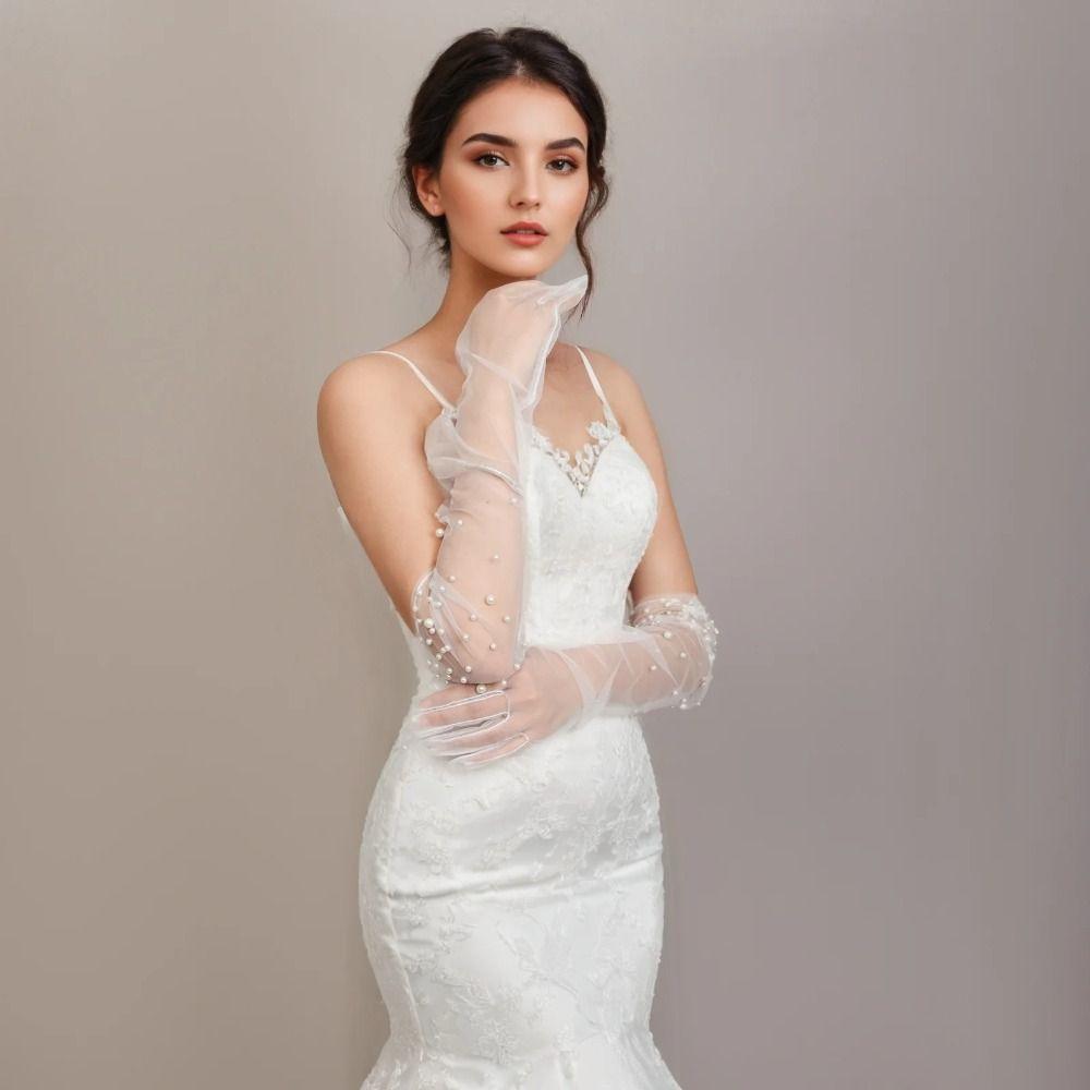 Handmade Beading Bridal Gloves Transparent Tulle Gloves Vintage Pearl Gloves  Dinner Party